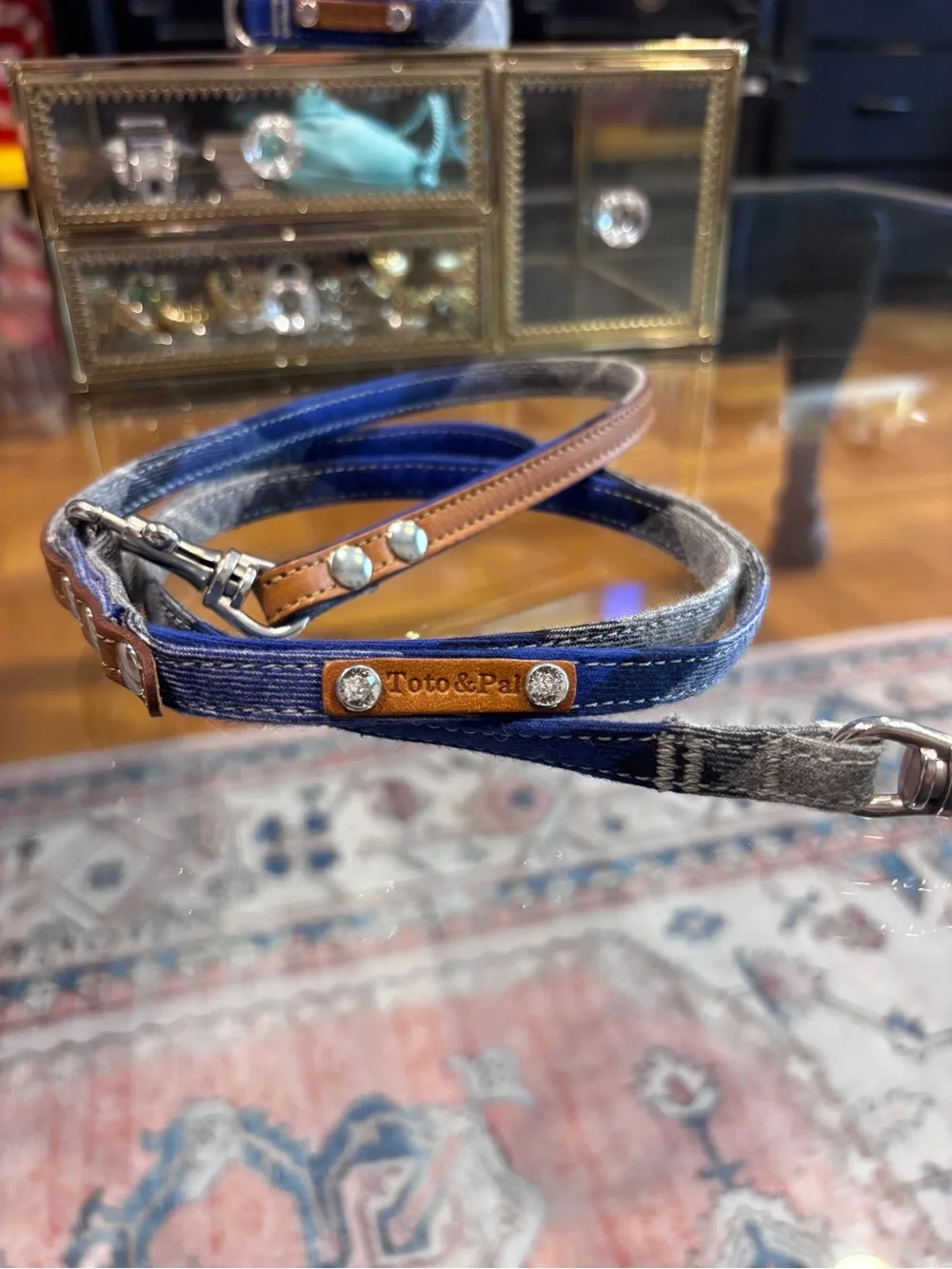 Toto & Pal Blue Plaid Dog Leash with Swarovski Crystals